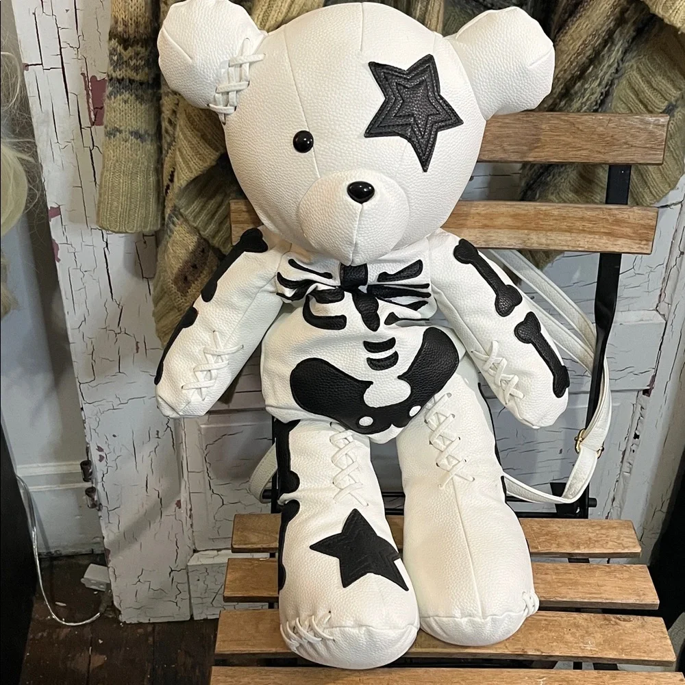 NEW NO TAG BAS Punk Rock White and Black Skeleton & Star Teddy Bear Backpack - Picture 3 of 5